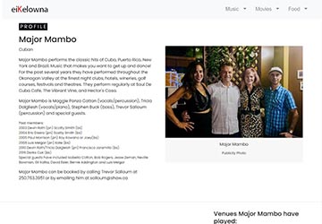 Screenshot of Major Mambo Profile Page on eiKelowna